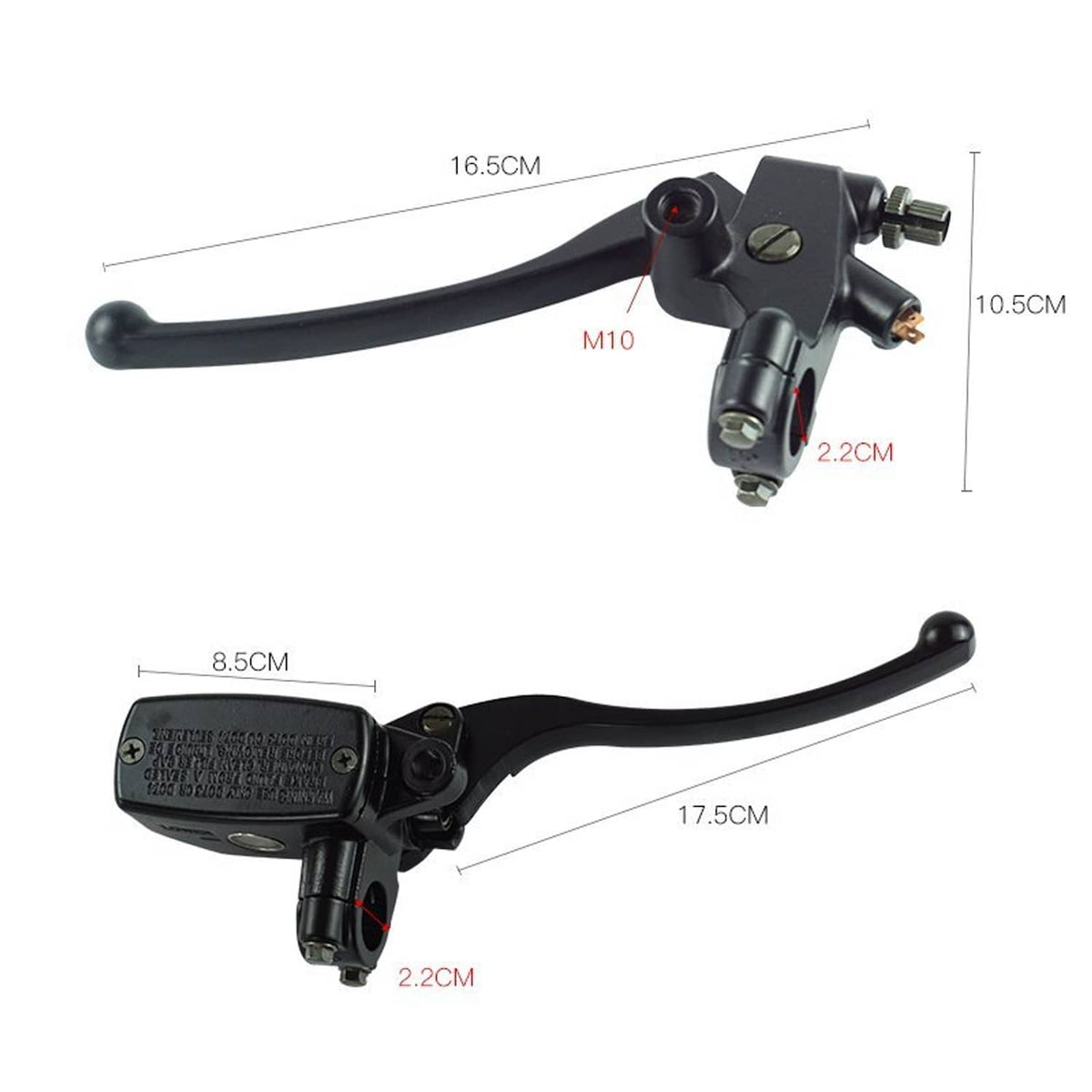 Black master cylinder assembly with brake lever, clutch lever, and mounting bracket