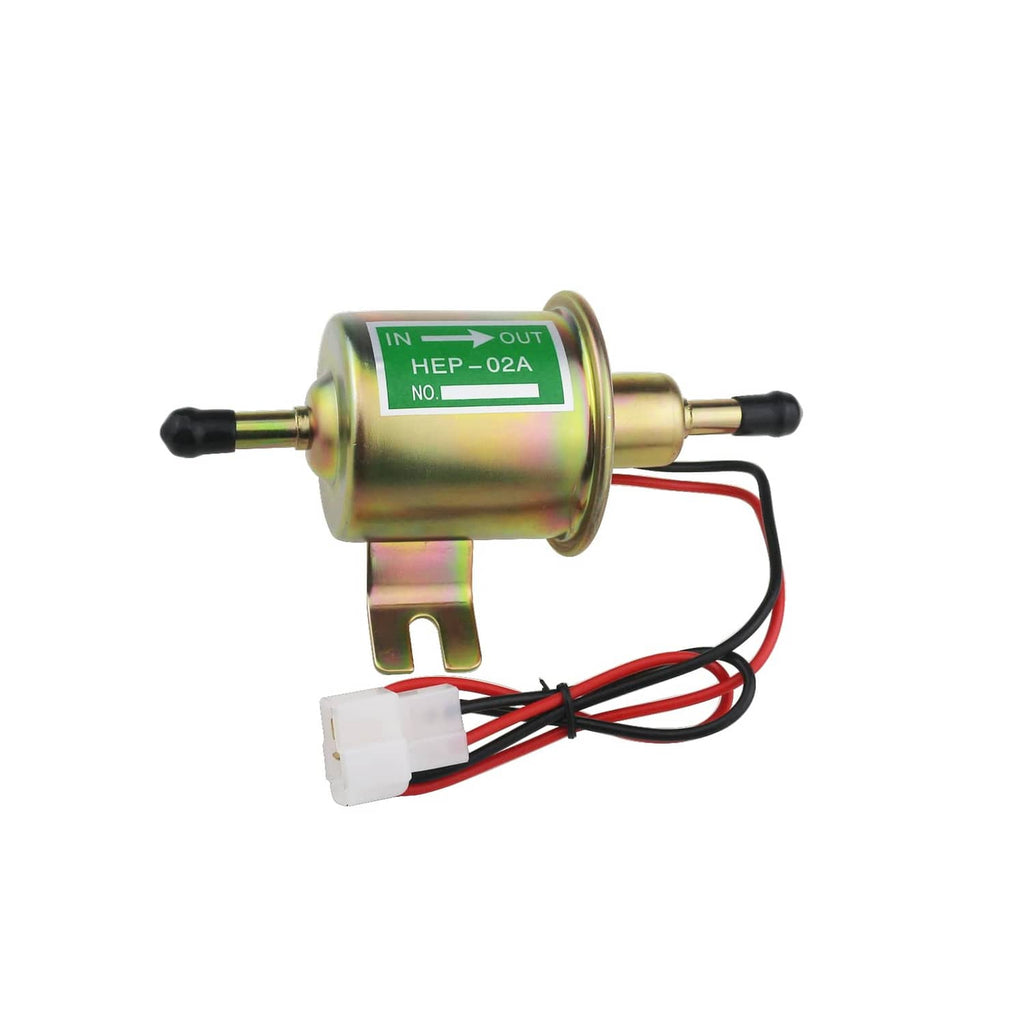 Inline electric fuel pump with brass housing and connected red/black wiring harness