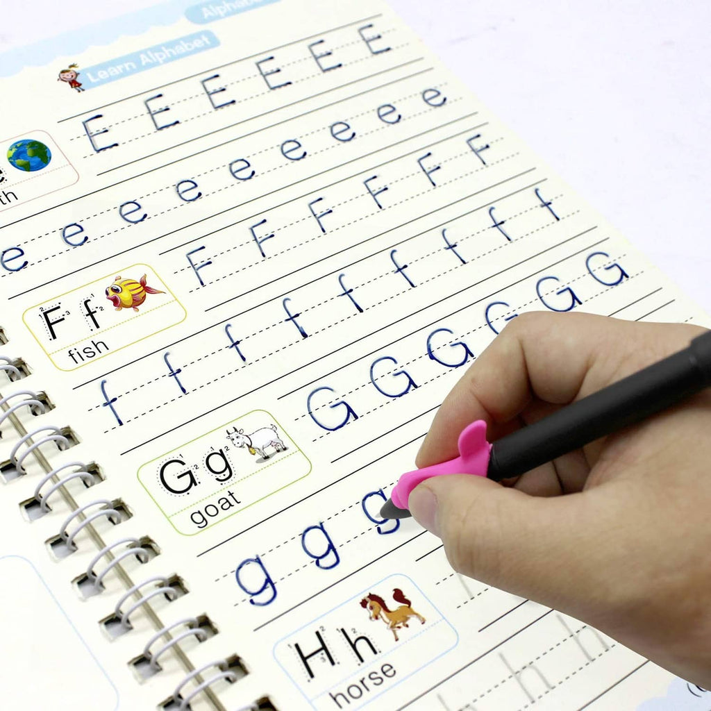 Handwriting practice copybook with alphabet tracing and a child writing with a pen