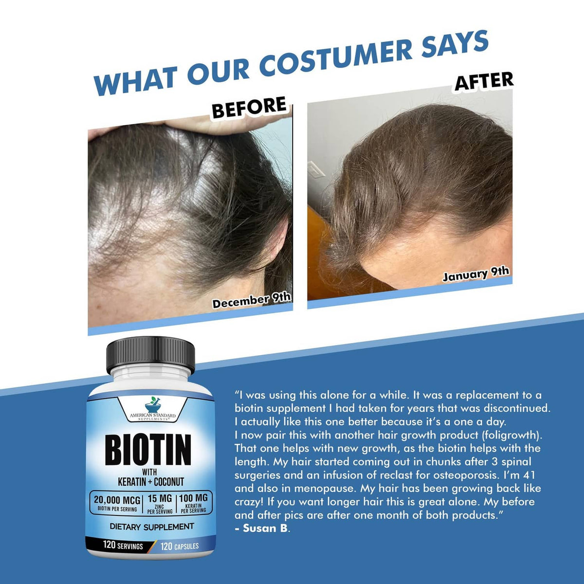 Biotin supplement bottle with keratin + coconut and customer testimonial layout