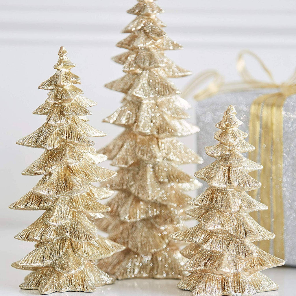 Set of 3 glittered tabletop Christmas trees, champagne-gold textured branches