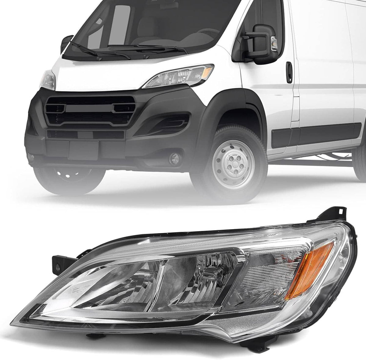 Left halogen headlight assembly with clear lens and chrome reflectors for van front.