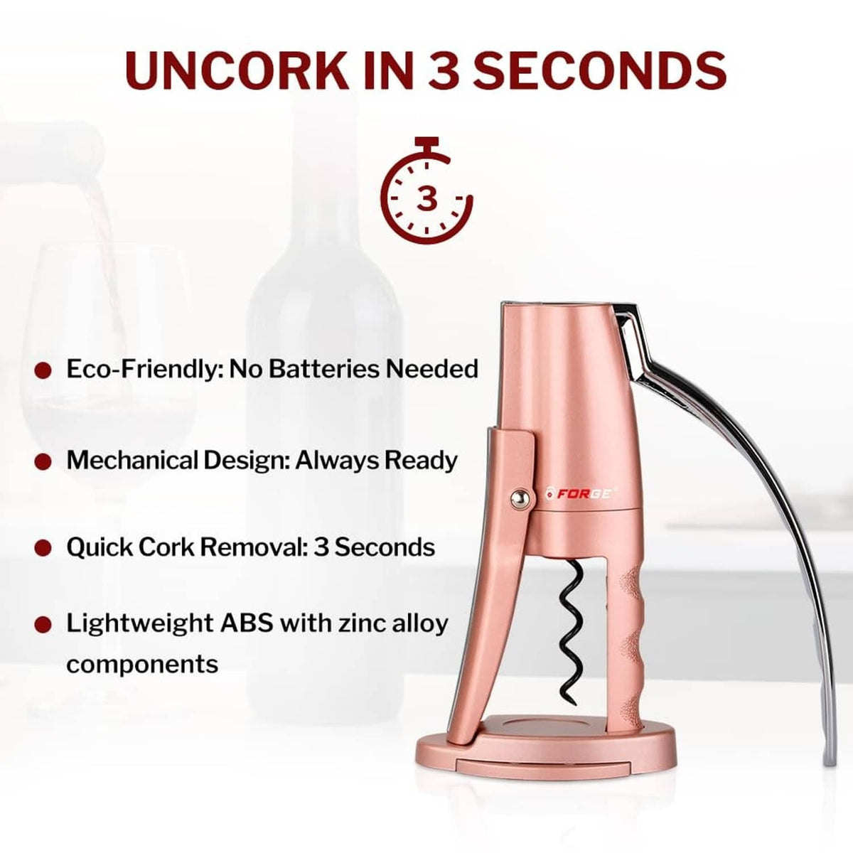 Pink vertical corkscrew opener on base with curved chrome handle and black plate.