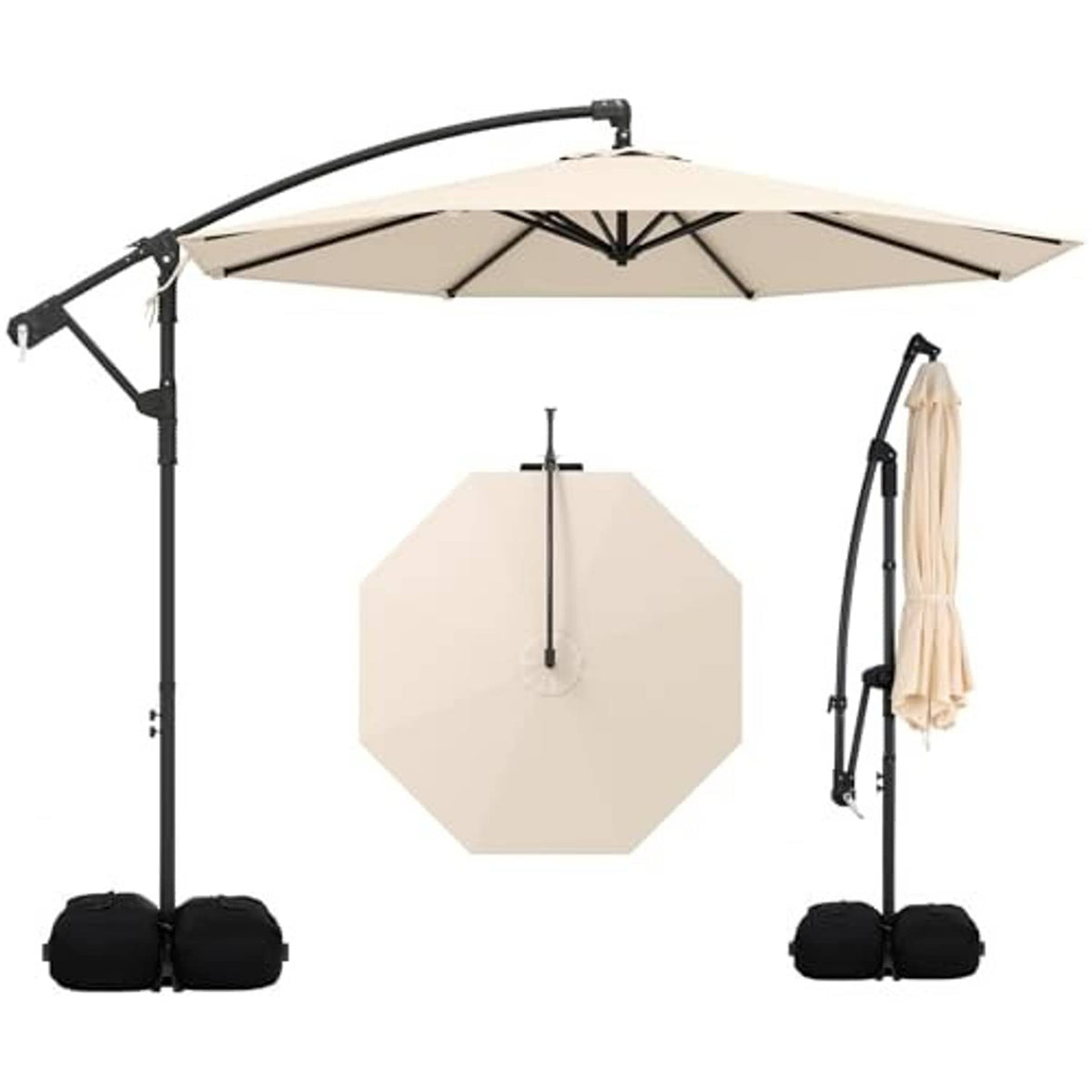 Offset cantilever patio umbrella with beige octagonal canopy, black poles and base weights