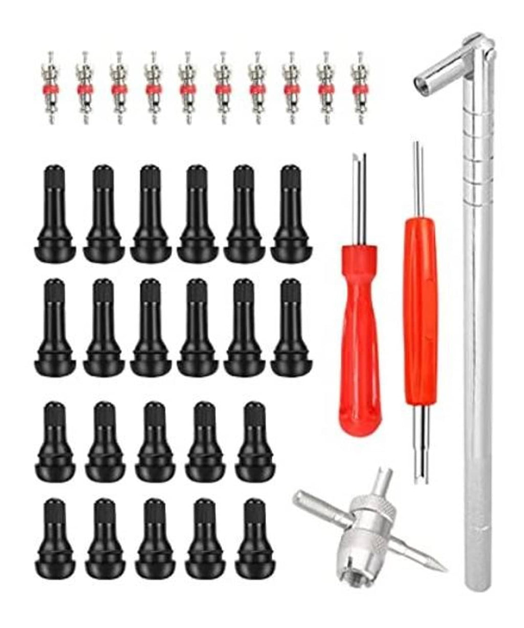Valve stem puller tool set with black valve cores, red-handled drivers, and long metal rod