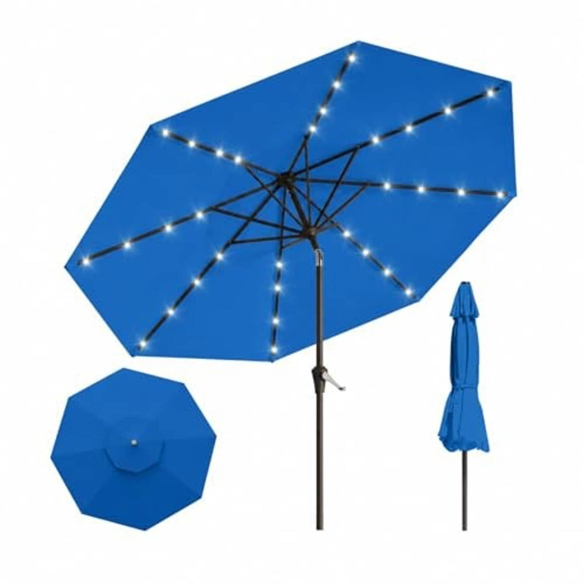 Royal blue patio umbrella with LED string lights around ribs and central pole