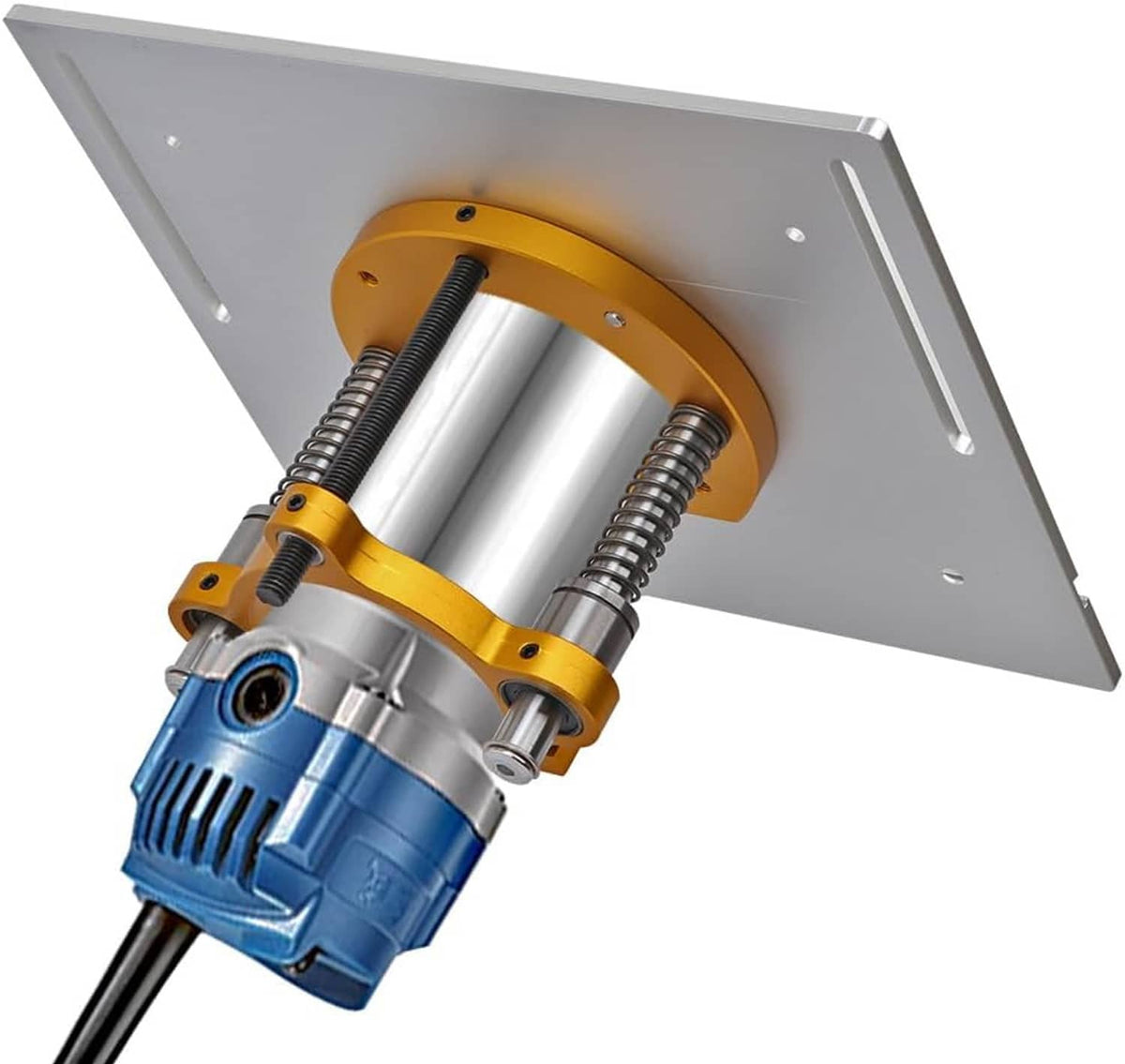 Router lift mechanism with aluminium mounting plate, yellow housing and coil springs.