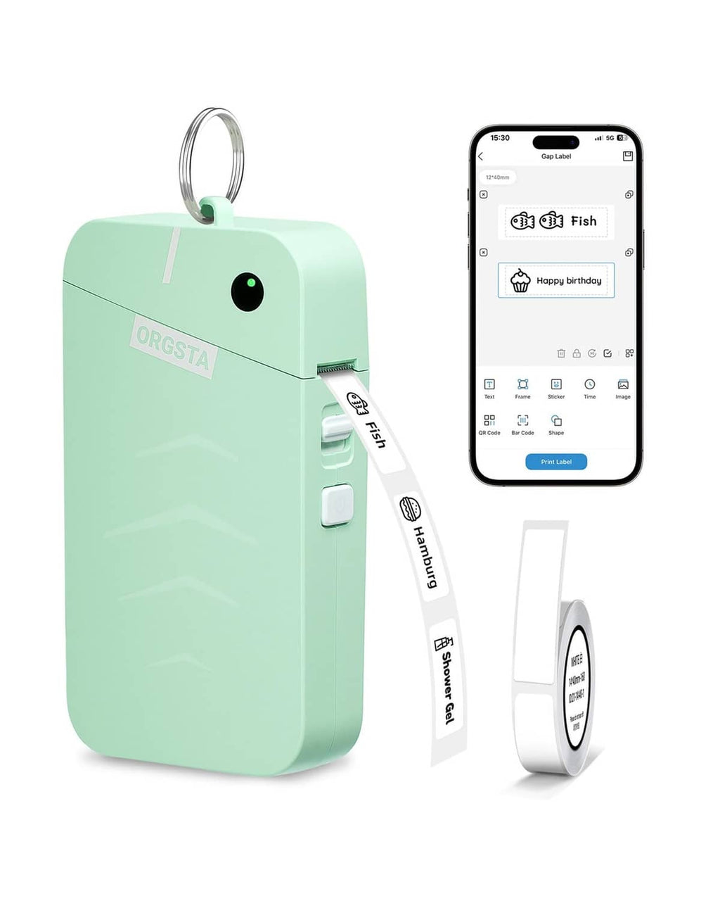 Green handheld label maker with tape roll and key ring, shown with smartphone app