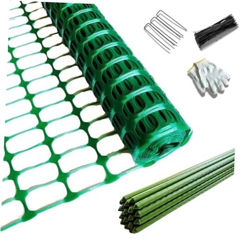 Green plastic fence mesh panel with pointed stakes bundle and zip ties accessories.