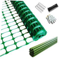Green plastic fence mesh panel with pointed stakes bundle and zip ties accessories.