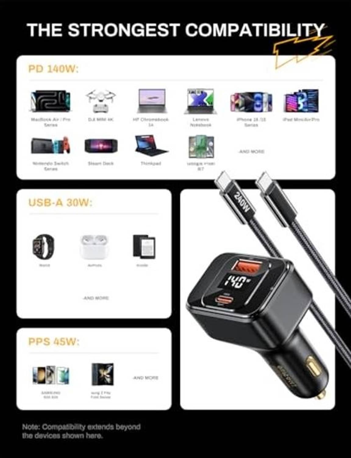 Black car charger with USB-C port and braided cable, shown on compatibility graphic