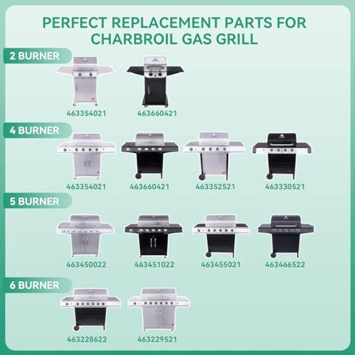 Assorted grill burner and control part options for 2, 4, 5, and 6 burner grills
