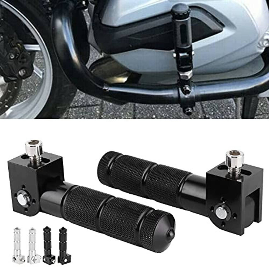 Motorcycle foot pegs with black textured grips and silver stud mounts, black bracket