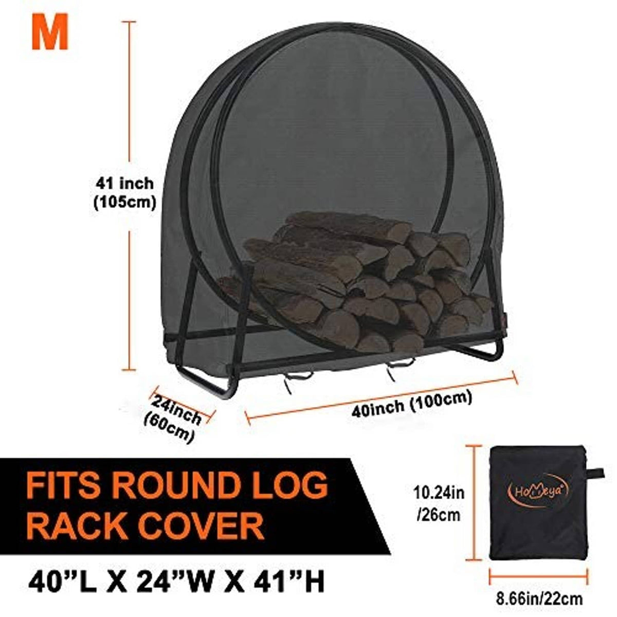 Black round firewood log rack cover on stand, sizing view for 40 inch rack