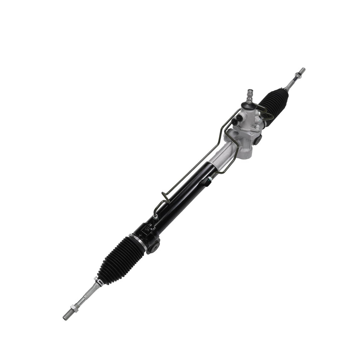Power steering rack and pinion assembly with black boot, metal steering housing, end shaft