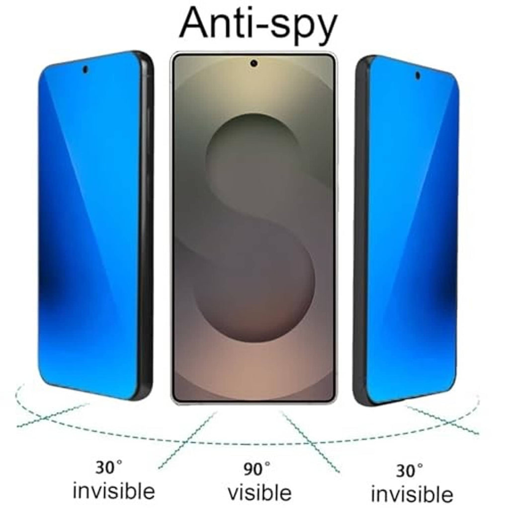 Anti-spy tempered glass panels on three phones, privacy angles shown