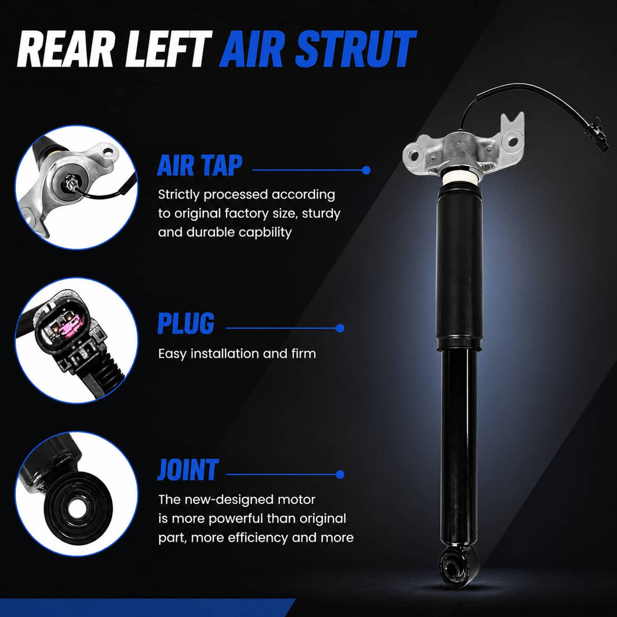 Rear left air shock strut with black cylinder, silver bracket, and air hose