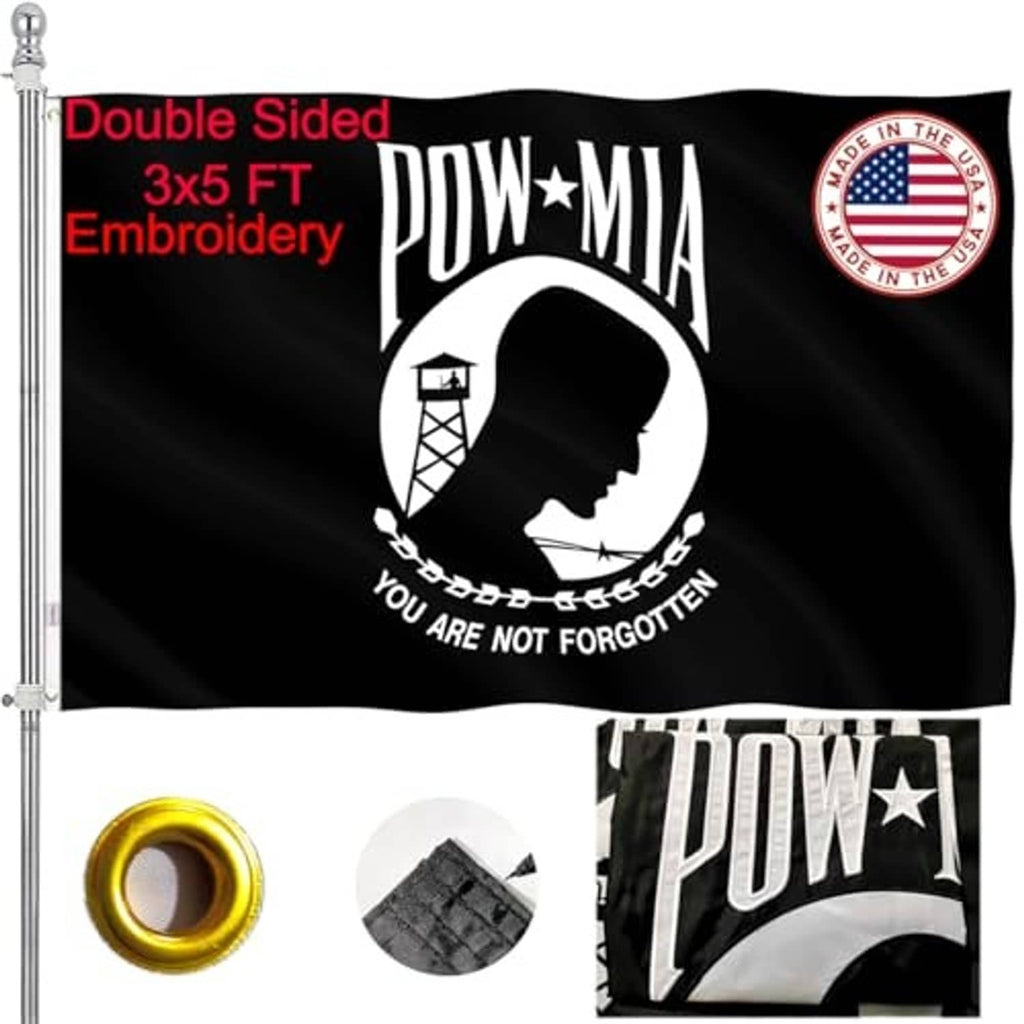 Double-sided embroidered POW-MIA flag, black with white profile emblem and seal patch.