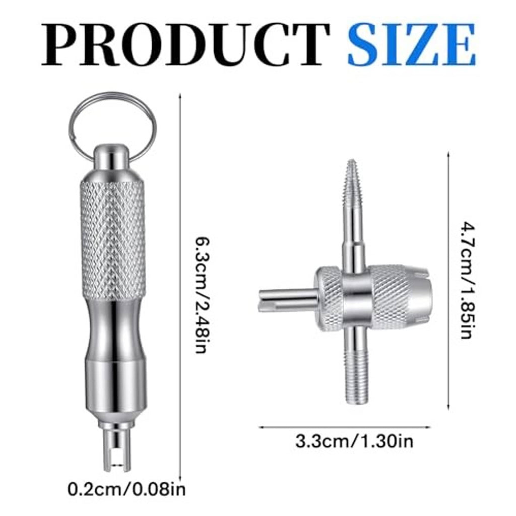 Valve stem tool keychain set with metal handle, threaded tip, and key ring