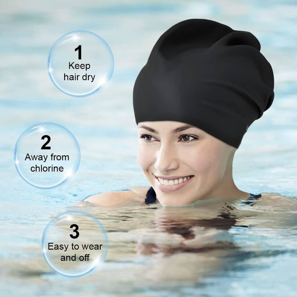 Black swimming cap on smiling swimmer, snug rounded fit.