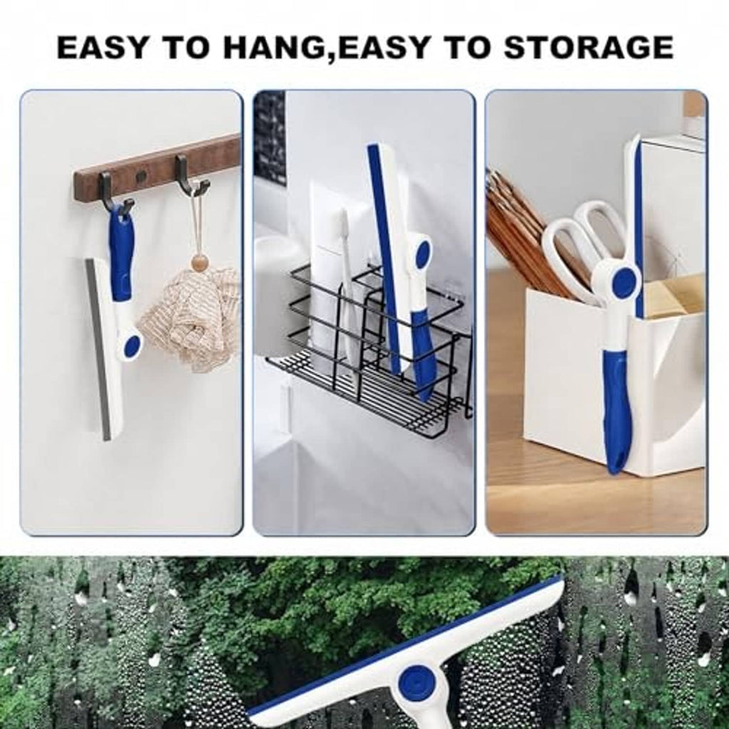 Window squeegee stored on wall hook, blue-and-white handle with gray rubber blade.