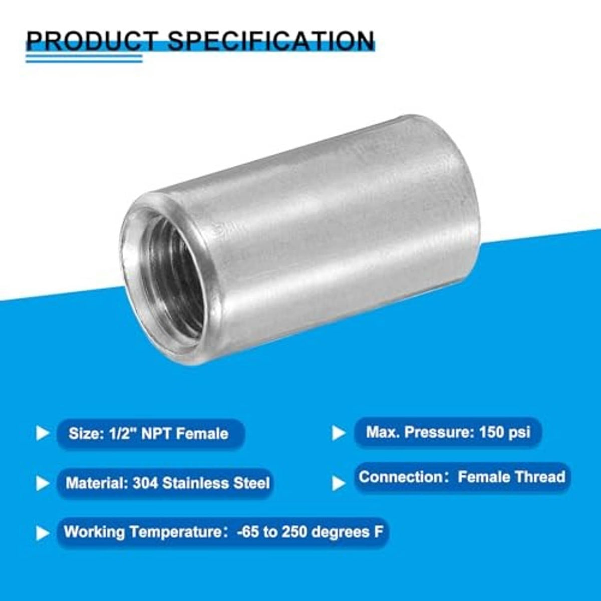 Stainless steel female weld coupling with internal threaded opening, smooth tube body