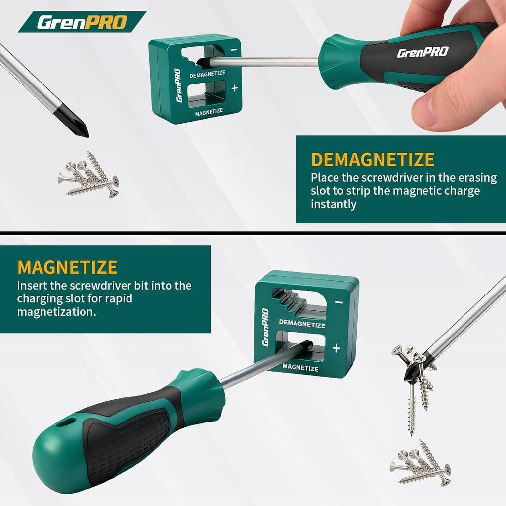 Precision screwdriver with teal handle and magnetized tip plus included bits