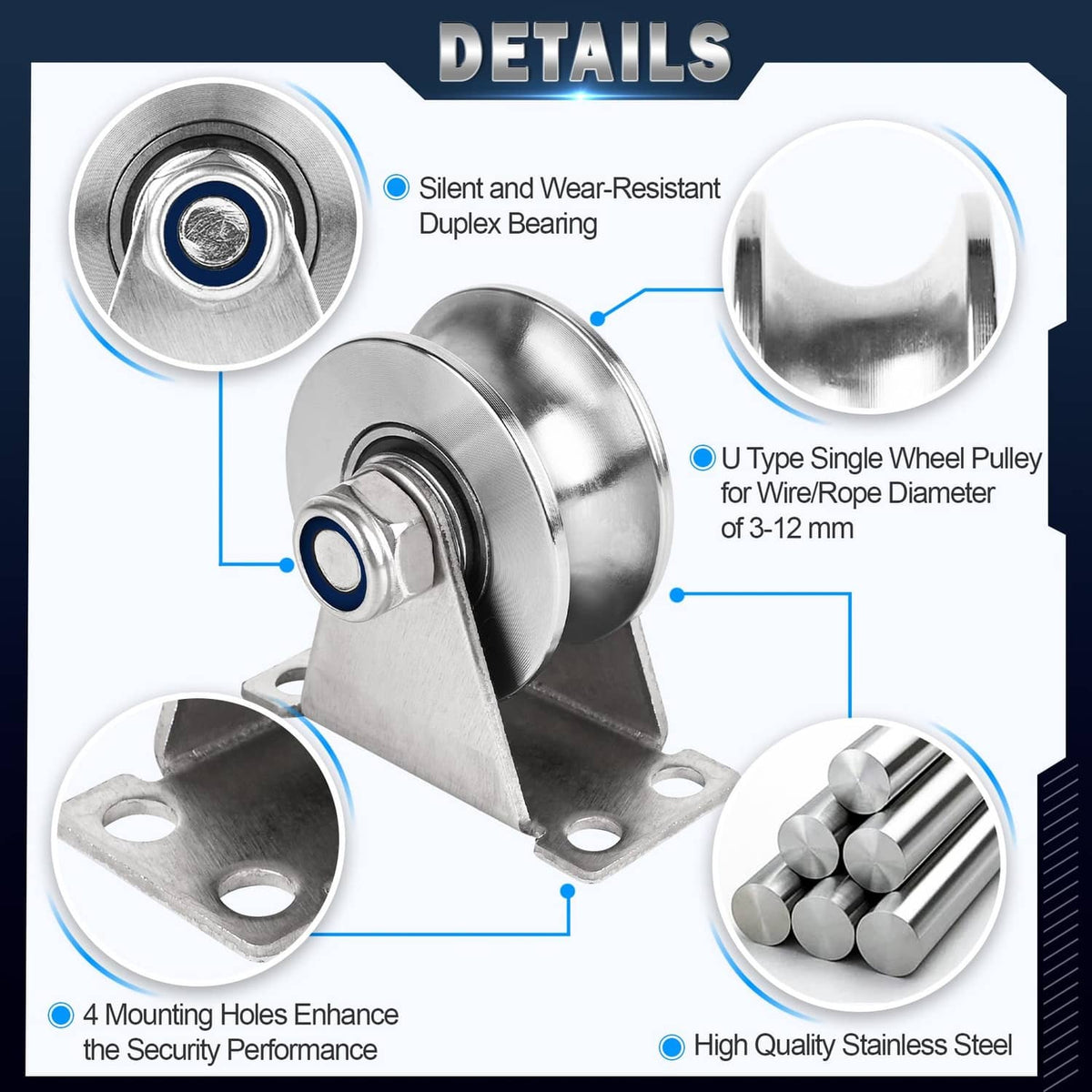 Stainless steel single-wheel rope pulley block with U bracket and bearing detail