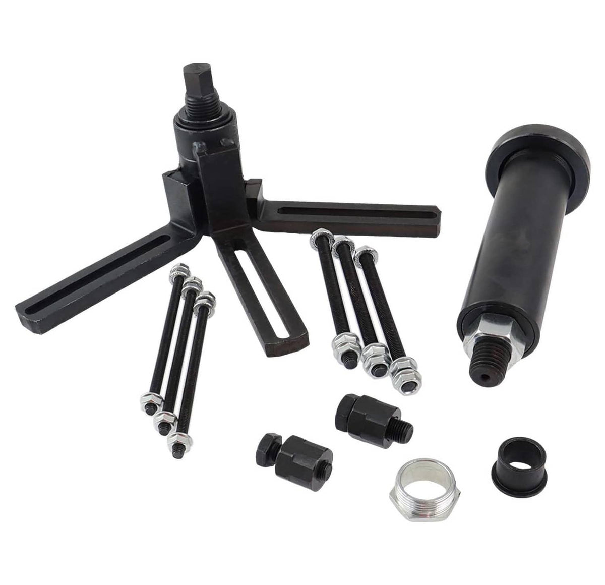 Crank case splitter puller tool set with black splitter arms and guide screw