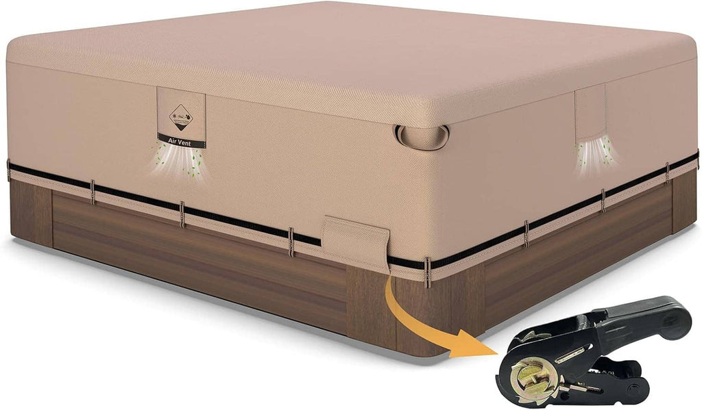 Beige hot tub cover with dark brown panels, handle, and drawstring tie strap