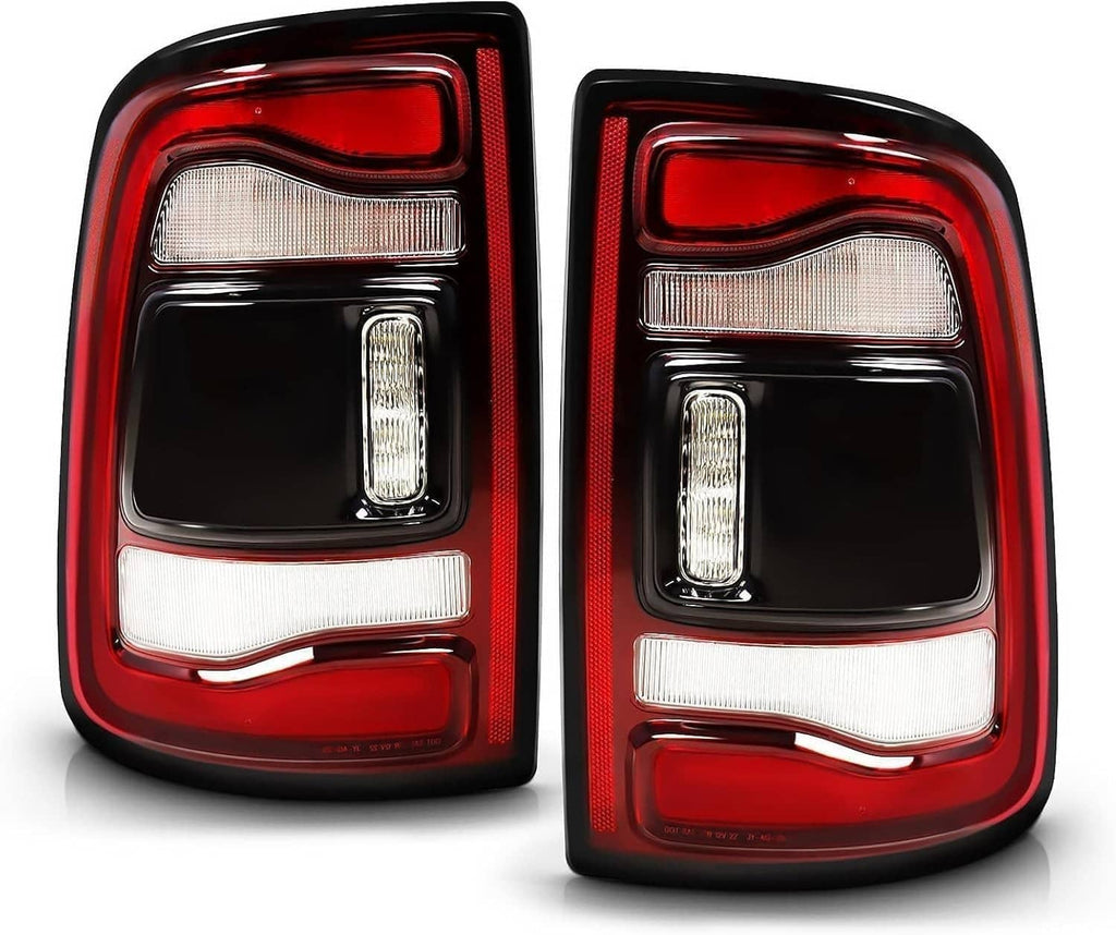 LED tail light assemblies with black bezels, red and clear lenses, vertical lamp modules.