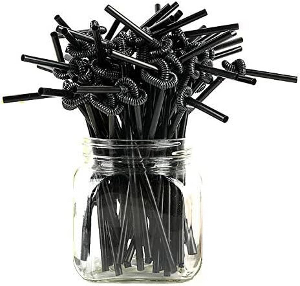 Extra-long black drinking straws in a clear jar with curly spring tips