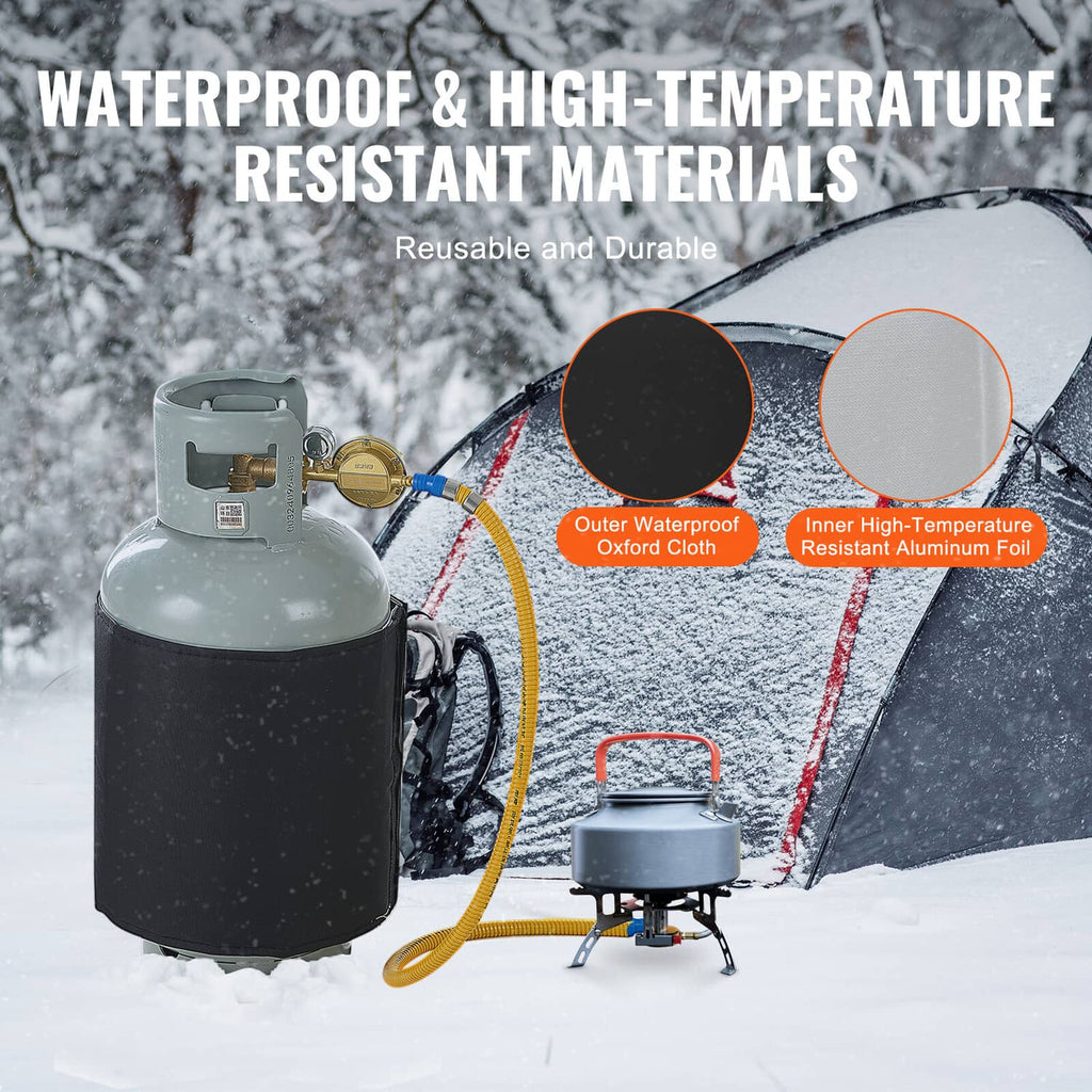 Insulated gas cylinder warmer with black sleeve and yellow power hose connected