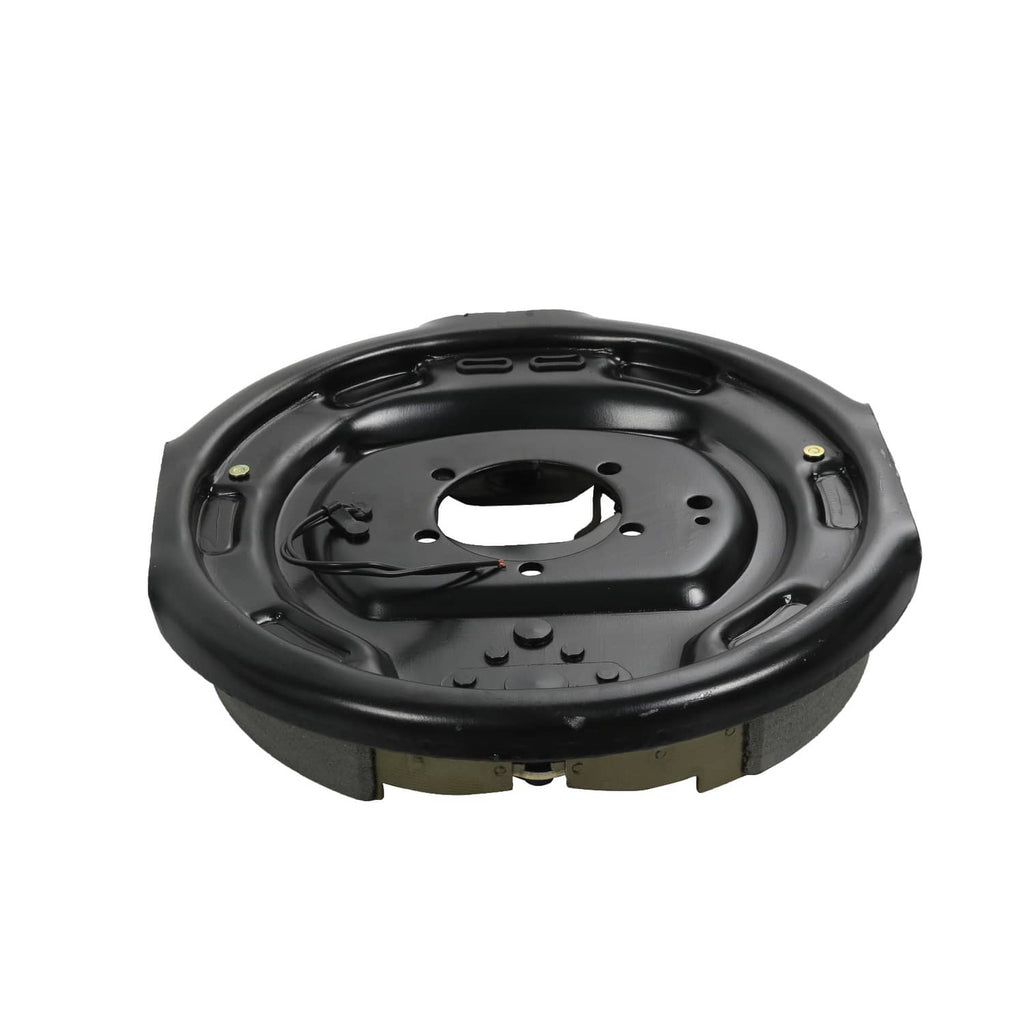 Black electric trailer brake assembly view with mounting slots and spring hardware