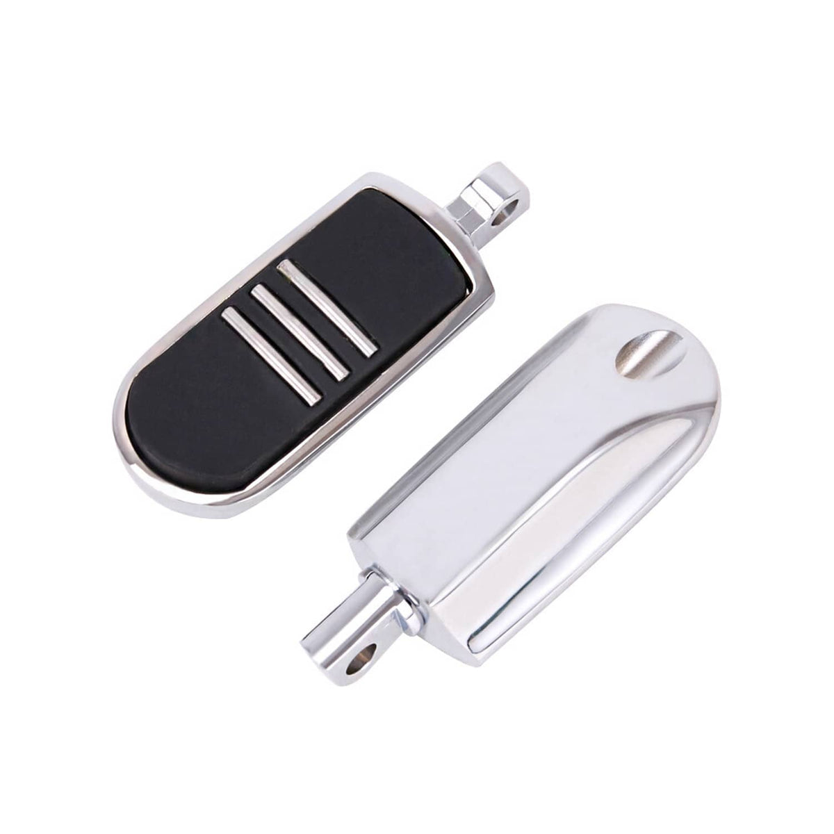 Two-piece motorcycle foot peg pair: black rubber pads with chrome housings