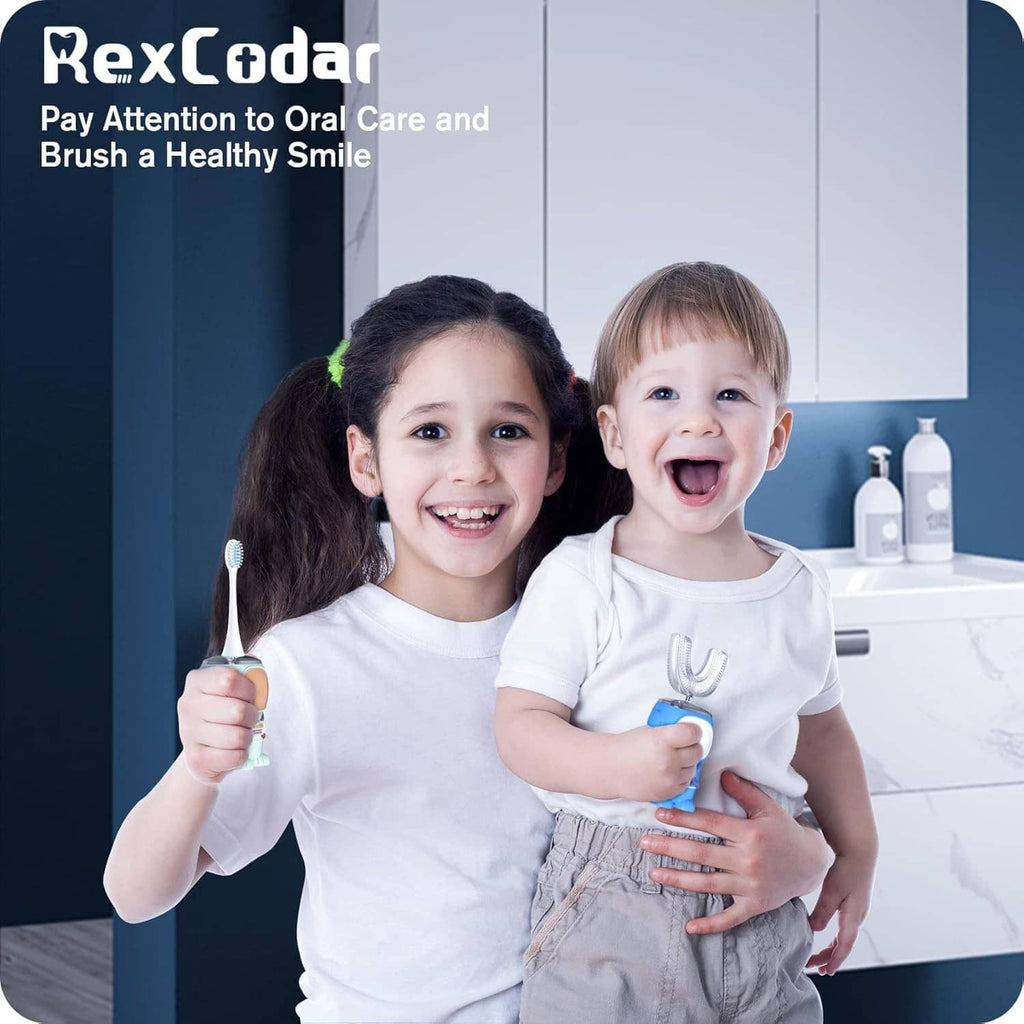 Two smiling children holding blue RexCoda electric U-shaped toothbrushes