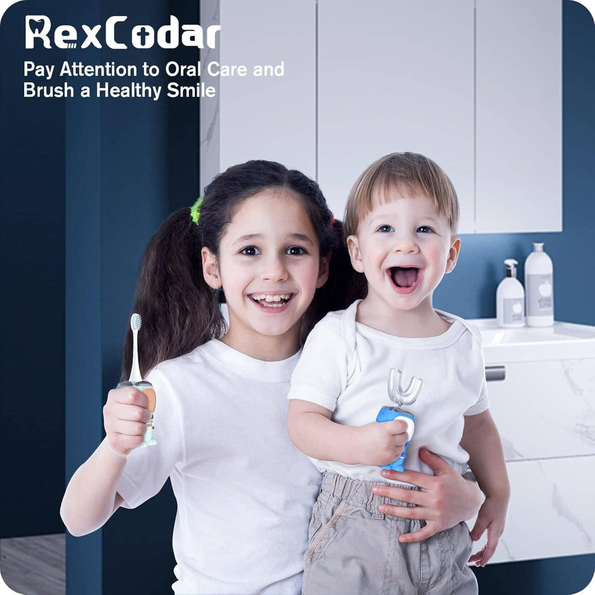 Two smiling children holding blue RexCoda electric U-shaped toothbrushes