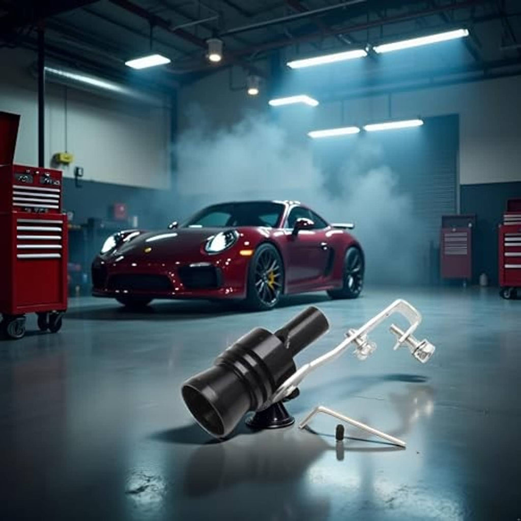Car turbo sound whistle muffler pipe kit with black cylinder, silver fittings, hex key