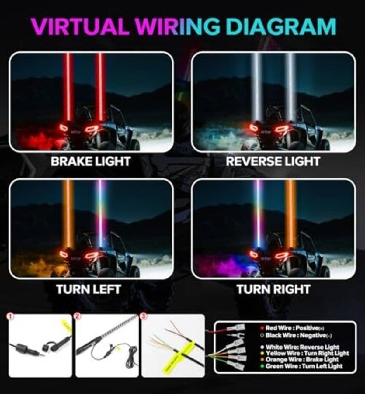 LED whip light wiring diagram with connectors and control unit for RGB whips