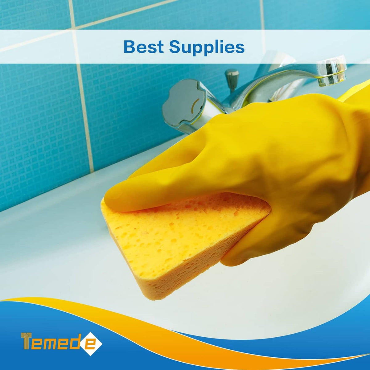 Yellow rectangular cellulose sponge held over bathtub, thick porous foam scrubber.
