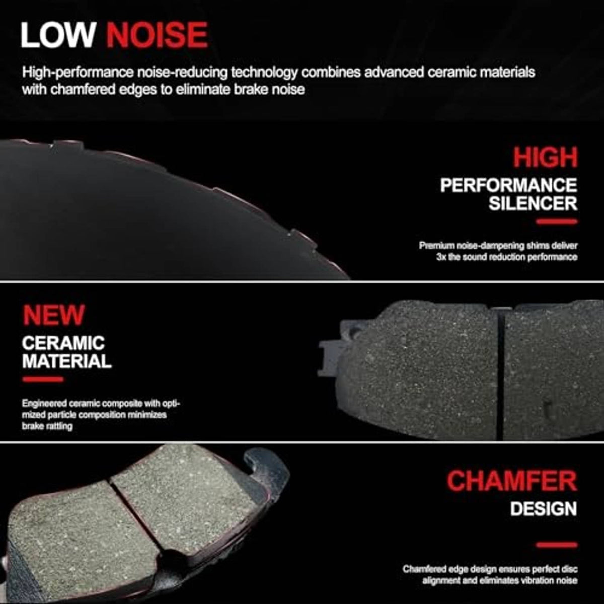 Brake pad set with gray friction pads and chamfered edges on the backing