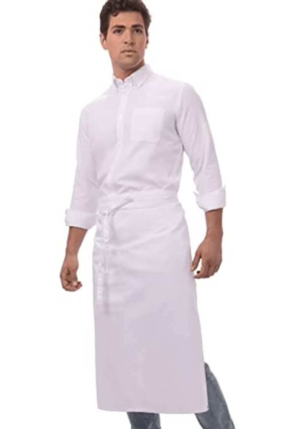 White chef apron with buttoned front placket and waist sash ties.