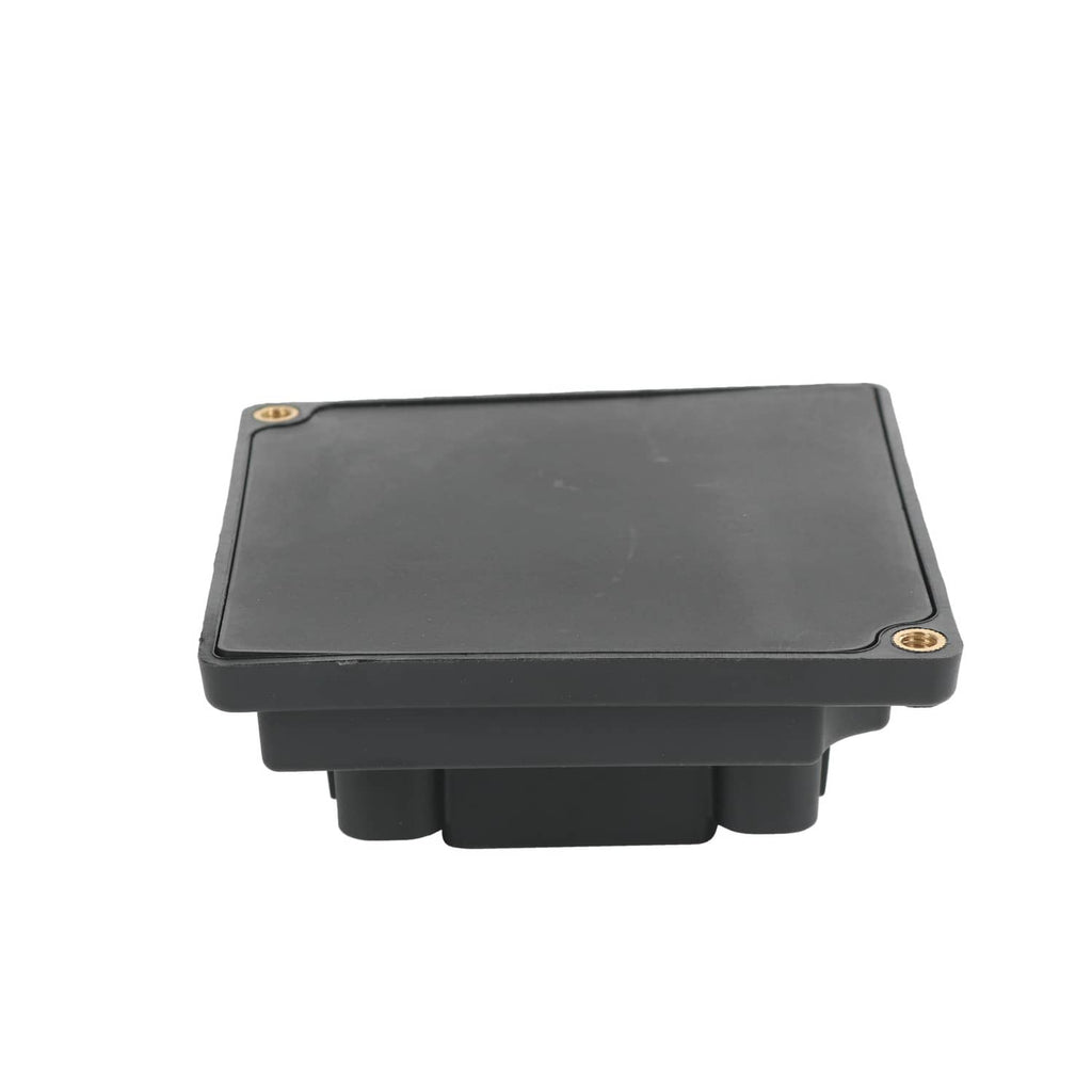 Black headlight relay module with top cover and four mounting screw holes