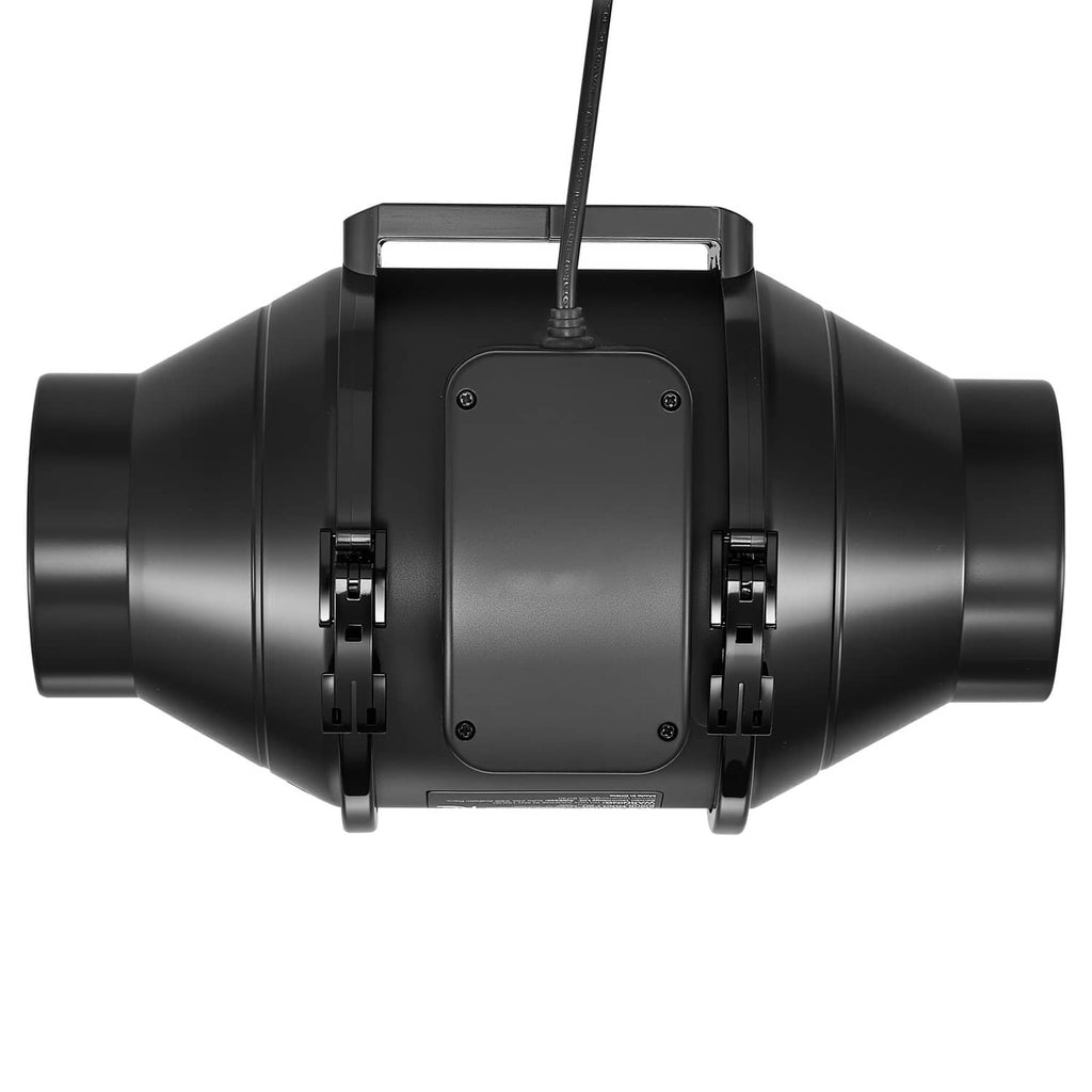 4-inch inline duct fan with black housing and mounting base, showing rear panel and brackets.