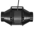 4-inch inline duct fan with black housing and mounting base, showing rear panel and brackets.