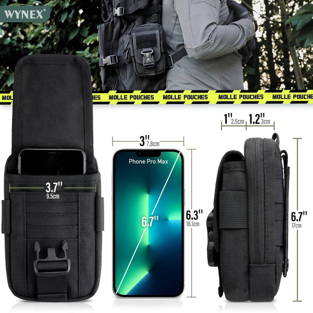 Black MOLLE phone pouch with side pockets and front elastic strap for device carry