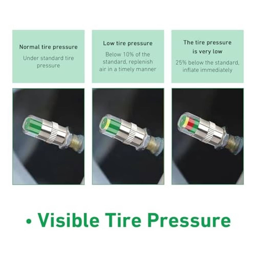 Car tire pressure monitor valve stem caps, silver with colored indicator windows