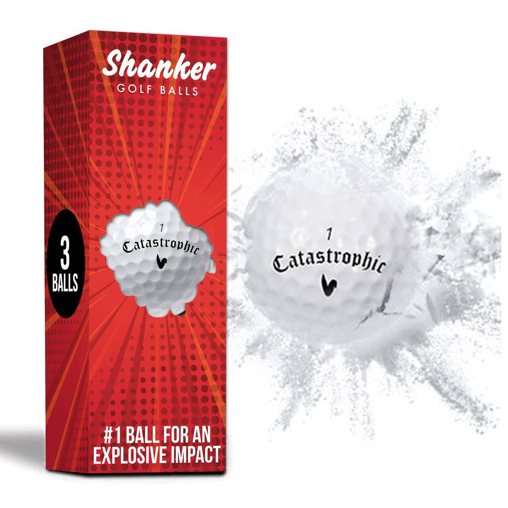 Shanker golf prank balls box with red exploding-impact graphics, 3 balls included