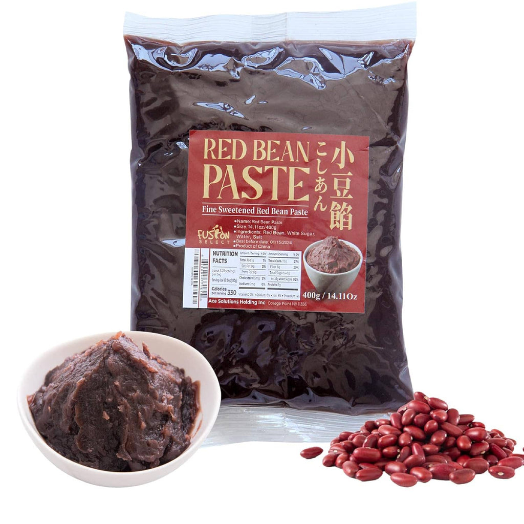 Fine sweetened red bean paste pouch with bowl of dark red paste and red beans