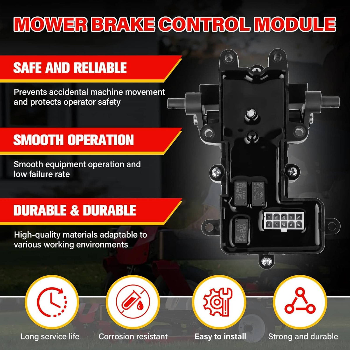 Black mower brake control module with multi-pin connector and metal mounting hardware